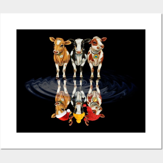 Cow Reindeer Hat Santa Christmas Lights Funny Cow Christmas Wall Art by reginaturner